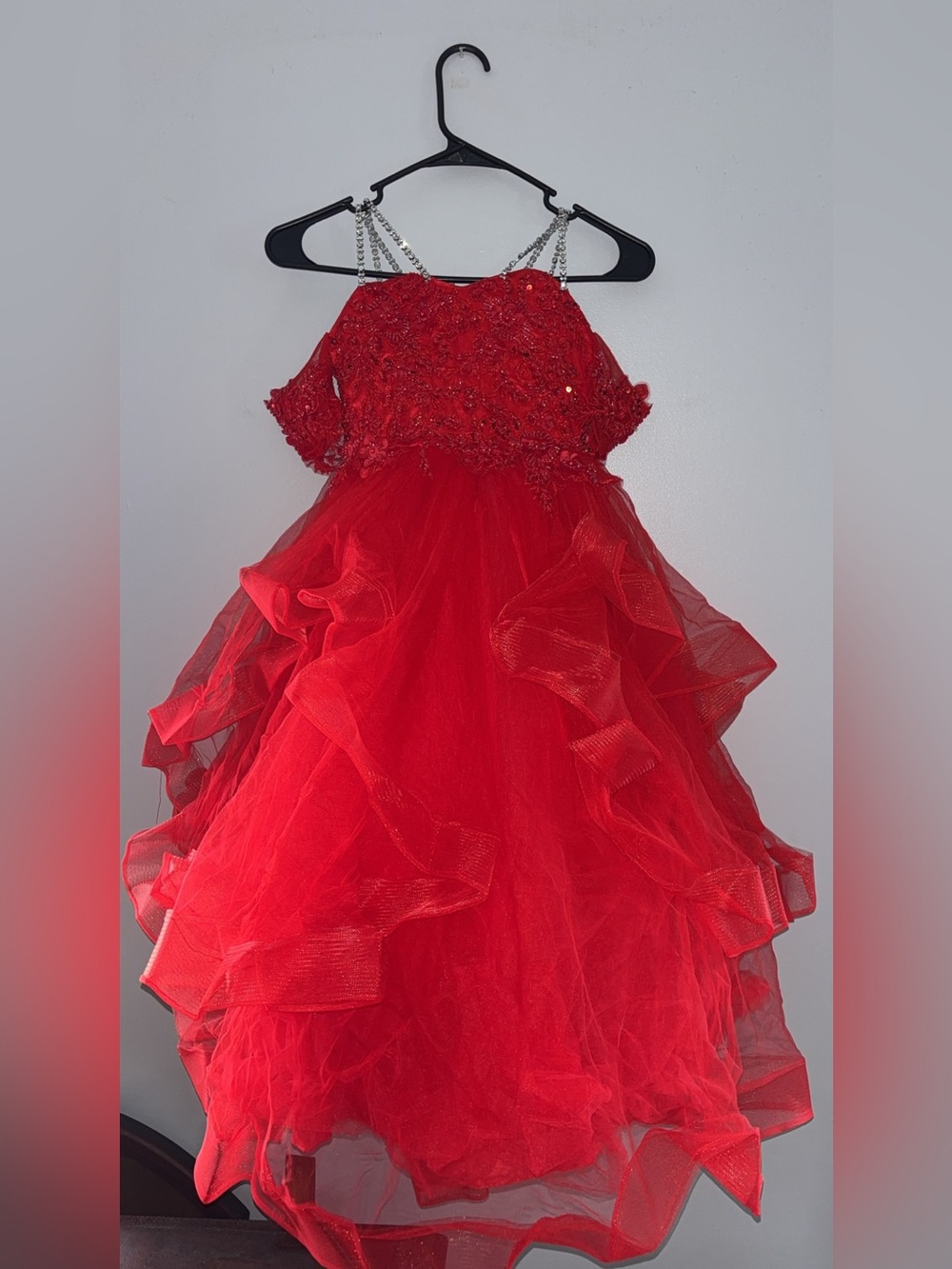 Girls' Red Ruffled Tulle Party Dress with Beaded Bodice